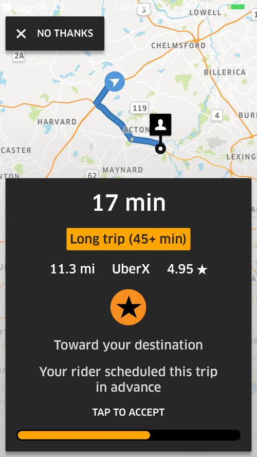 Lyft request scheduled in advance, a long trip of 11.3 miles