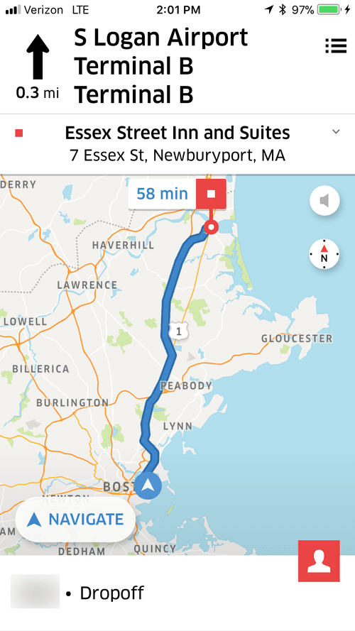 Navigation from Logan Airport to the Essex Street Inn, Newburyport, 58 minutes