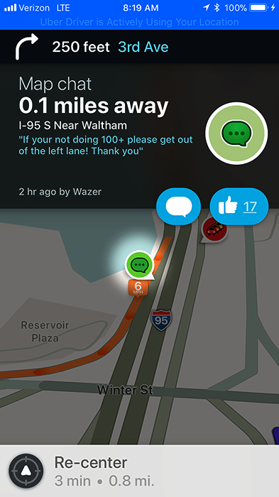 Waze map chat near Waltham asking slow drivers to leave the left lane