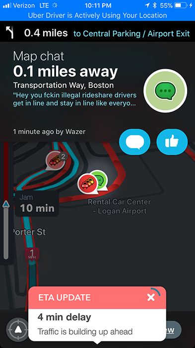 Waze map chat near Logan Airport cursing at rideshare drivers who cut the line