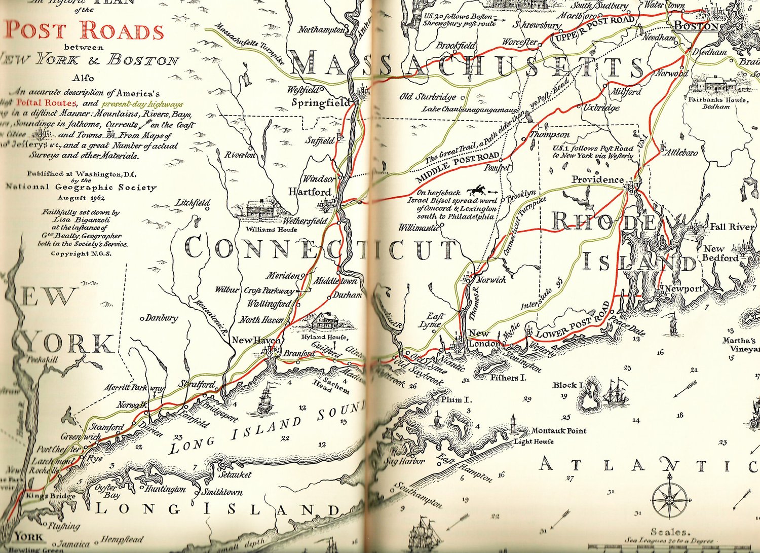 Old map of the post roads between New York and Boston