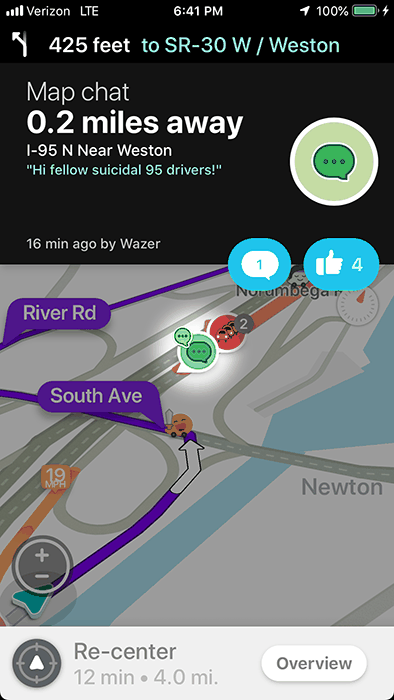 Waze map chat on I-95 near Weston joking about fellow I-95 drivers