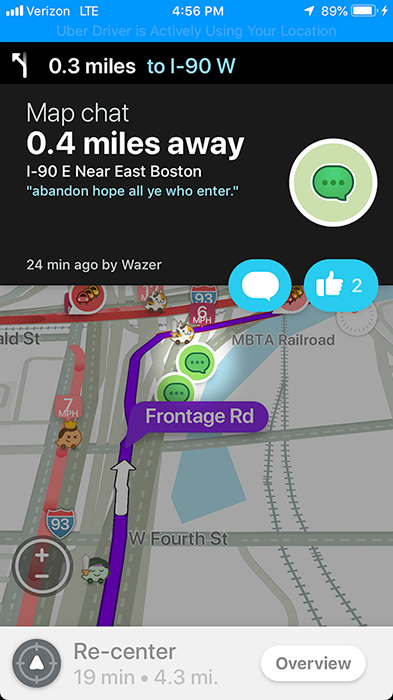 Waze map chat near East Boston: "abandon hope all ye who enter"