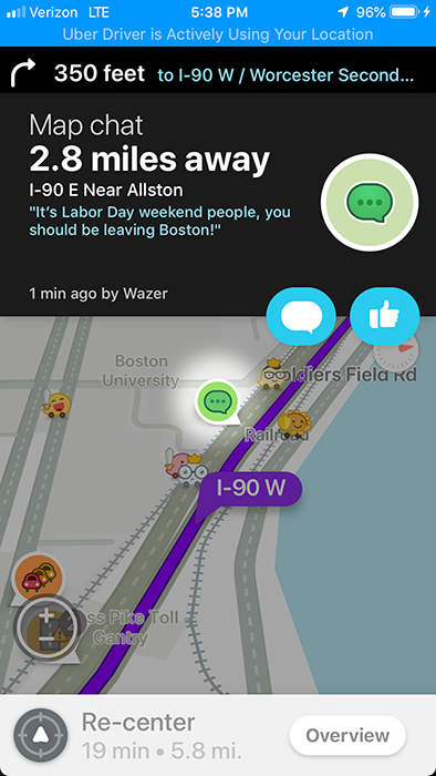 Waze map chat near Allston: Labor Day weekend people should be leaving Boston