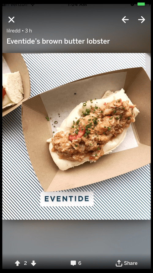 Reddit post of Eventide's brown butter lobster roll