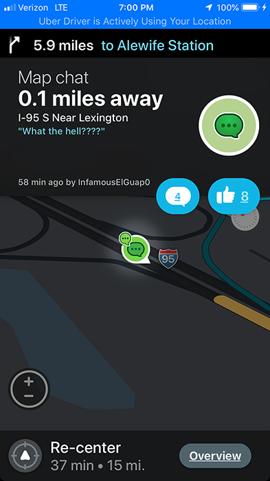 Waze map chat on I-95 near Lexington: "What the hell????"