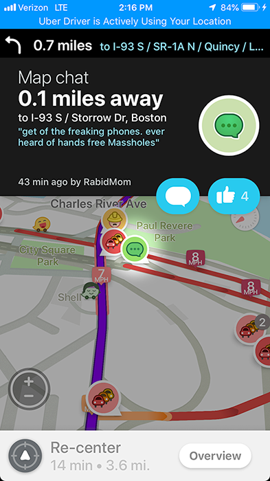 Waze map chat on Storrow Drive about drivers on their phones