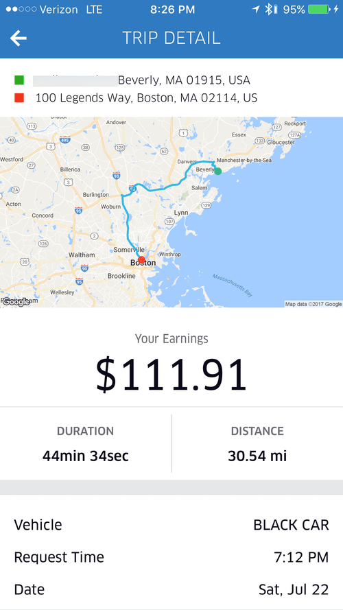 Black car trip detail: Beverly, MA to Boston, 30.54 miles, $111.91