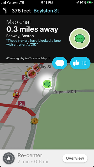 Waze map chat near Fenway warning that a trailer is blocking a lane