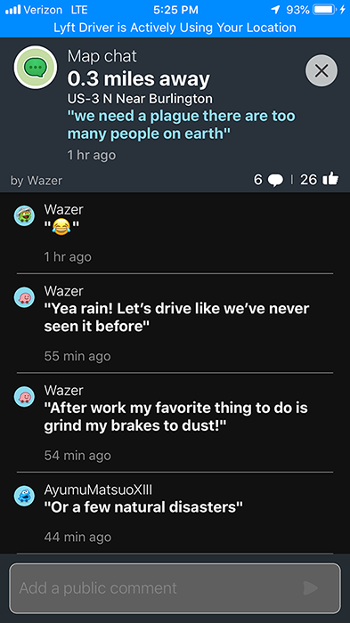 Waze chat thread near Burlington joking about rain and grinding brakes