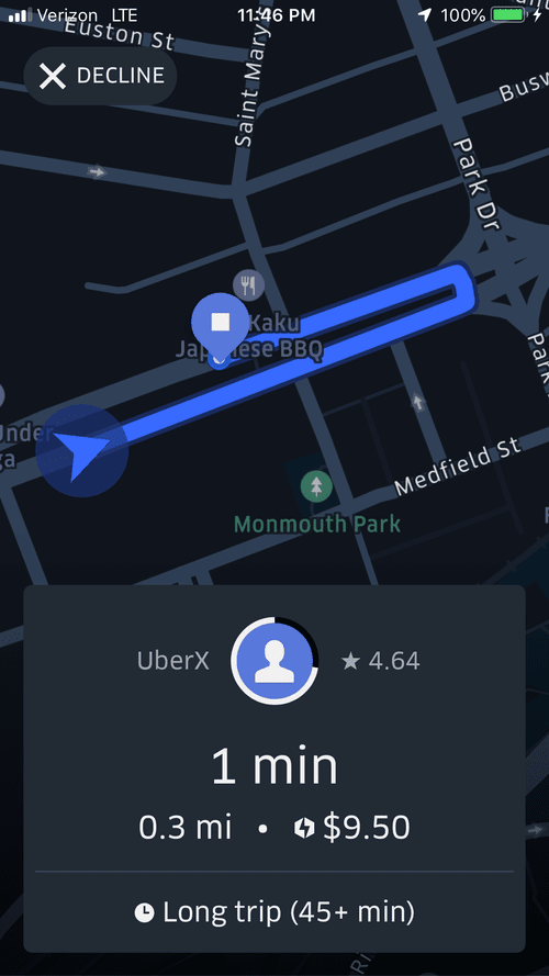 UberX request at night flagged as a long trip of 45+ minutes