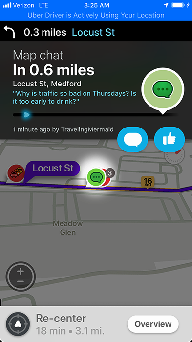 Waze map chat in Medford: "Why is traffic so bad on Thursdays?"