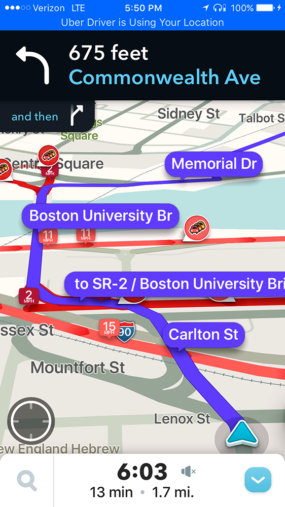 Waze navigation near Boston University in heavy traffic