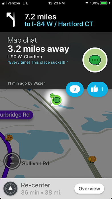 Waze map chat in Charlton: "Every time! This place sucks!!!"
