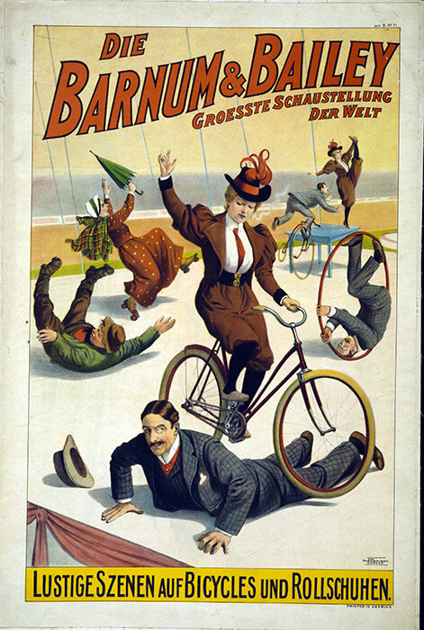 Barnum & Bailey poster of comic scenes on bicycles and roller skates
